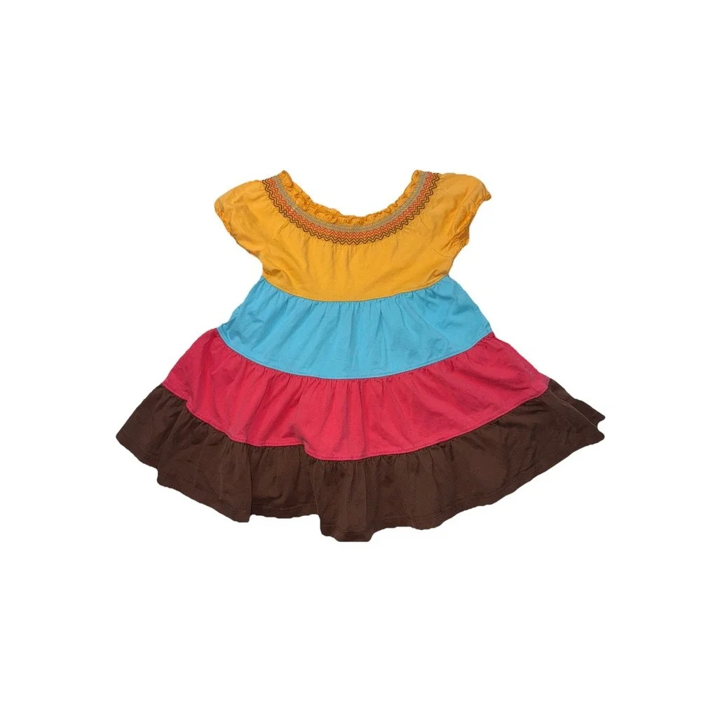 Hanna Andersson Toddler Girls Tiered Short Sleeve Dress Brown Pink Blue  Size 3T